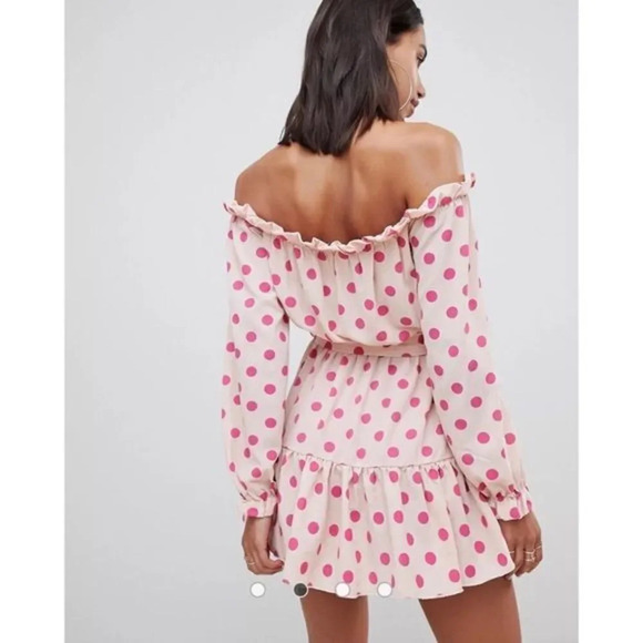 PrettyLittleThing Beige & Pink Polka Dot Bardot Tie Waist Shift Mini Dress 2 - Picture 4 of 6